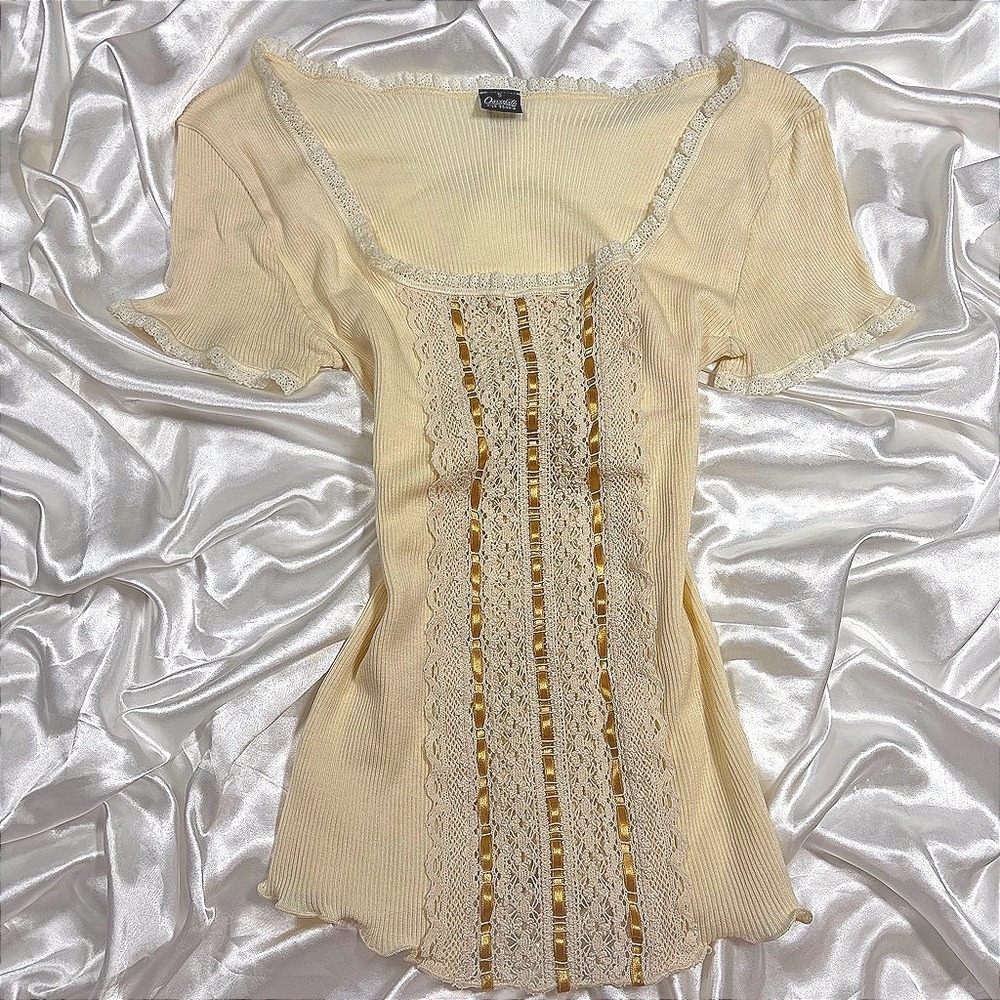 y2k Vintage Oscalito Top Cream Excellent Lace Ribbon Italian Cotton Ribbed S